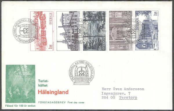 Sverige - FDC 1980-06-04 - Hälsingland, Hel 5-strip kpl Vinjett 1 Adressat