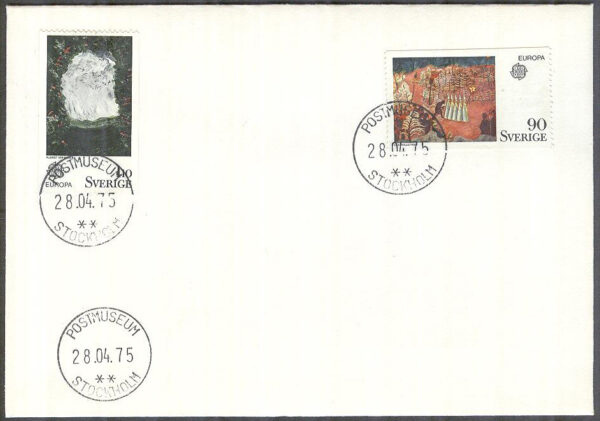 Sverige - FDC 1975-04-28 - Europa CEPT 1975 Konst, 2 kpl Stpl Postmuseum Stockholm