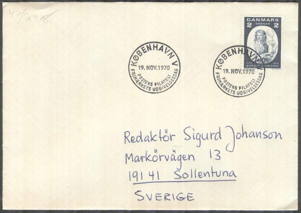 Danmark - FDC 1970-11-19 - Bertel Thorvaldsen 200 år - Bildhuggare, 1 kpl Adressat