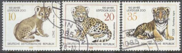 DDR - M 2322-2324 Leipzig Zoo 100 år - Unga rovkatter bla Leopard, 3 olika stpl