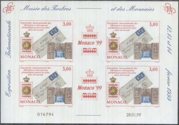Monaco - M 2441B Brev & Postemblem - Int Utställning MONACO 99, Miniark kpl **