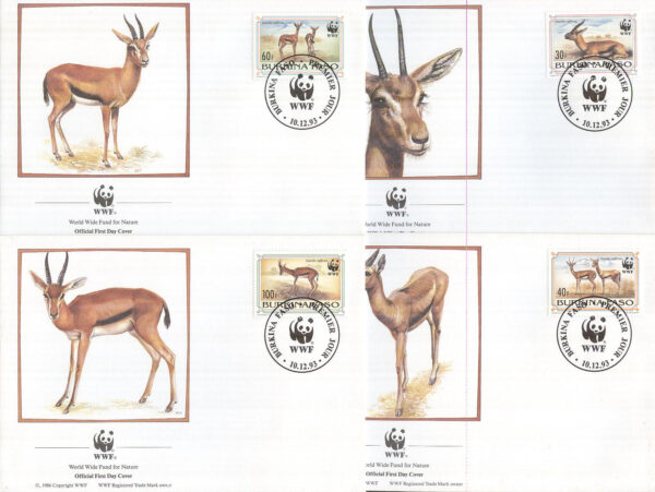 Burkina Faso - FDC 1993-12-10 - Däggdjur - Rödpandad Gazell - Naturskydd - WWF, 4 kpl