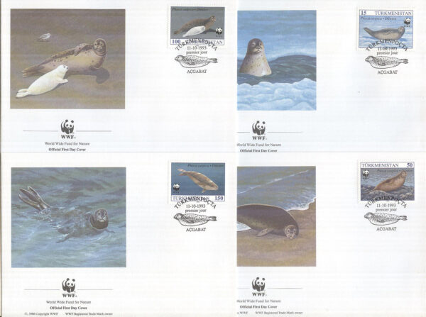 Turkmenistan - FDC 1993-10-11 - Sälar bla Kaspisk säl - Naturskydd - WWF, 4 olika