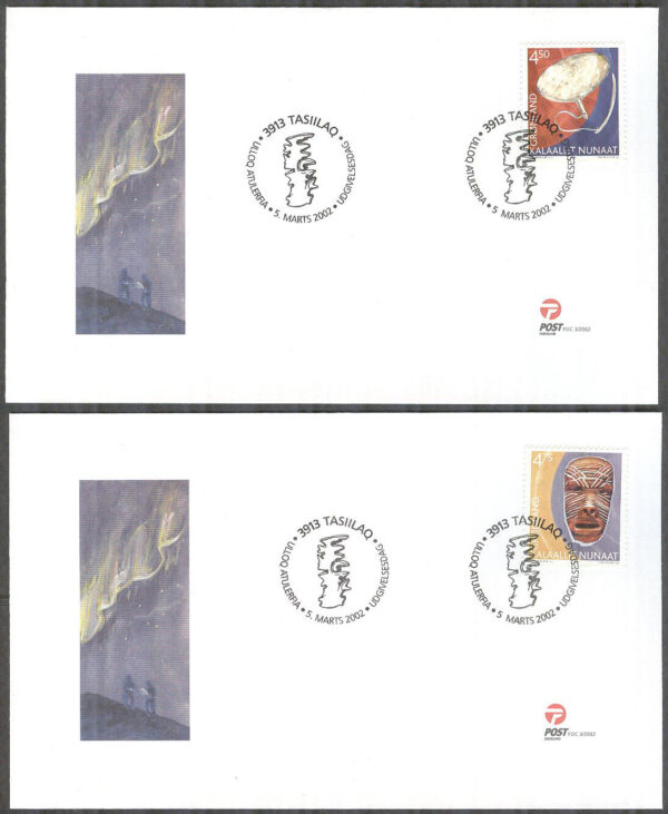Grönland - FDC 2002-03-05 - Arv & Kultur III - Trumma & Trämask, 2 kpl Vinjett 1