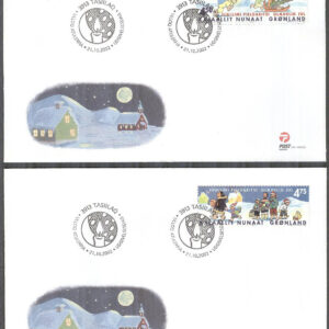 Grönland – FDC 2002-10-21 – Jul 2002 bla Julgran på släde, 2 kpl Vinjett 1