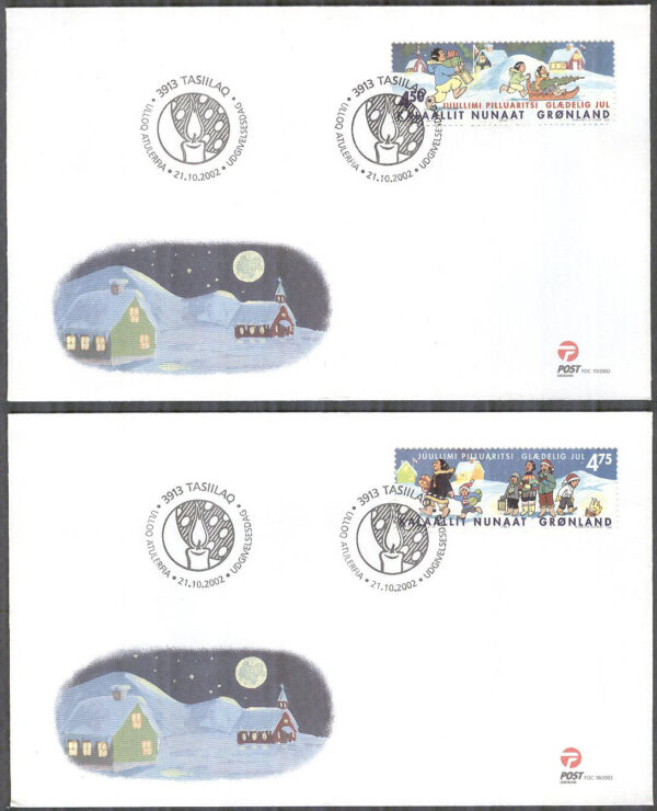 Grönland - FDC 2002-10-21 - Jul 2002 bla Julgran på släde, 2 kpl Vinjett 1