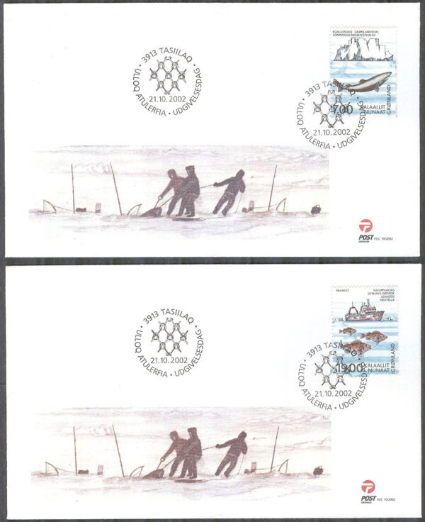 Grönland - FDC 2002-10-21 - ICES 100 år bla Havsdjur & Fartyg, 2 kpl Vinjett 1