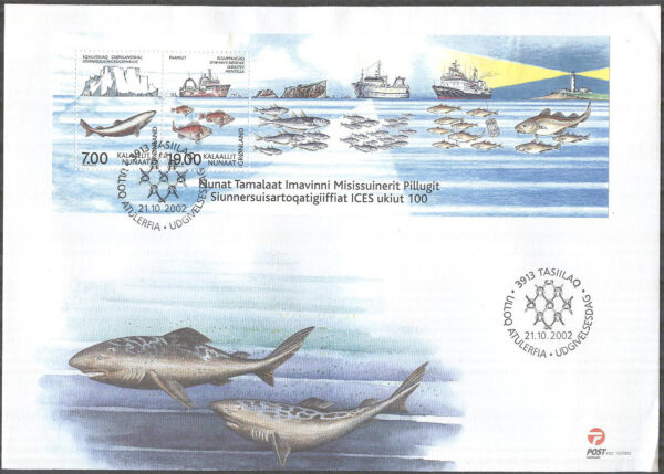 Grönland - FDC 2002-10-21 - ICES 100 år bla Havsdjur & Fartyg, Block Vinjett 1