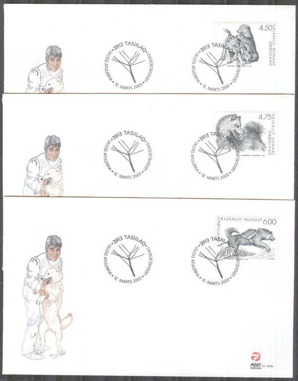 Grönland - FDC 2003-03-12 - Den Grönländska Hunden - Slädhundar, 3 kpl Vinjett 1