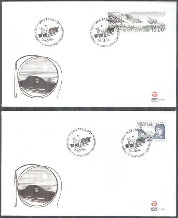 Grönland - FDC 2003-03-12 - Danska litterlära Grönlandsexp. 100 år, 2 kpl Vinjett 1