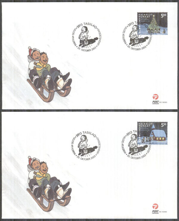 Grönland - FDC 2003-10-20 - Jul 2003 bla Julgran & Kyrka, 2 kpl Vinjett 1