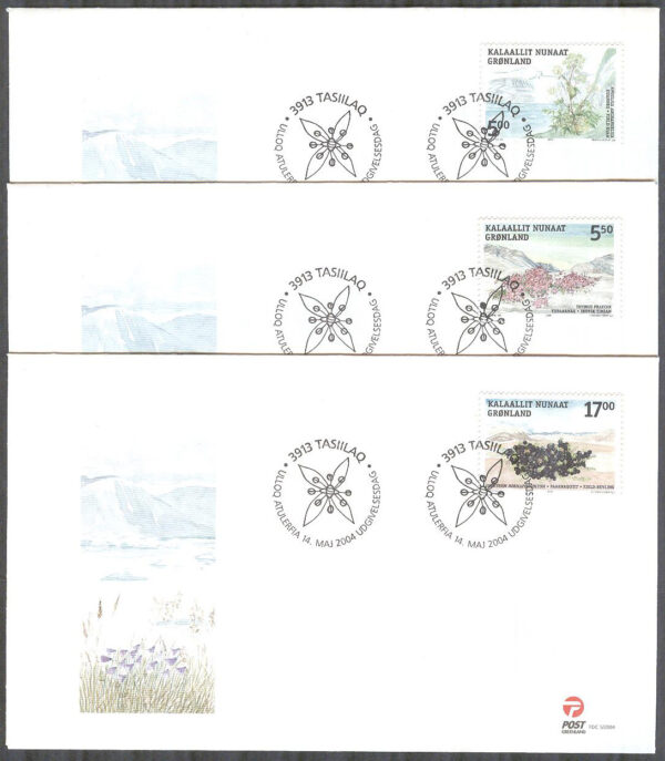 Grönland - FDC 2004-05-14 - Ätliga växter bla Kråkbär, 3 kpl Vinjett 1