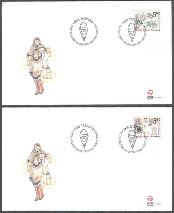 Grönland - FDC 2004-10-18 - Jul 2004 bla Julgran & Sång, 2 kpl Vinjett 1