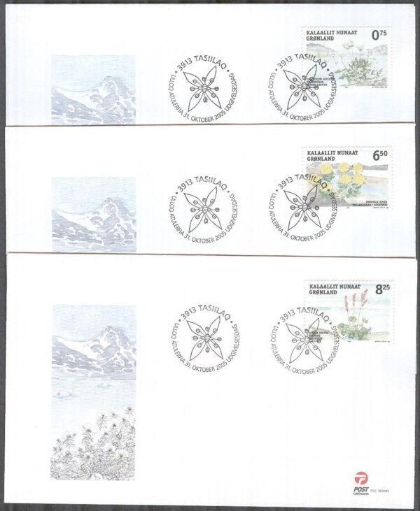 Grönland - FDC 2005-10-31 - Ätliga växter II bla Fetbladsväxt, 3 kpl Vinjett 1