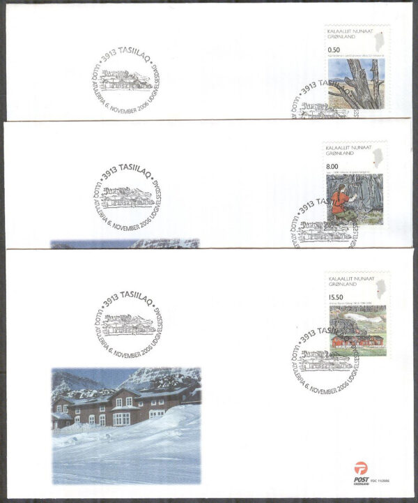 Grönland - FDC 2006-11-06 - Vetenskap II bla Arctic station, 3 kpl Vinjett 1