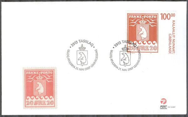 Grönland - FDC 2007-05-21 - PAKKE-PORTO märket 100 år, 1 kpl Vinjett 1