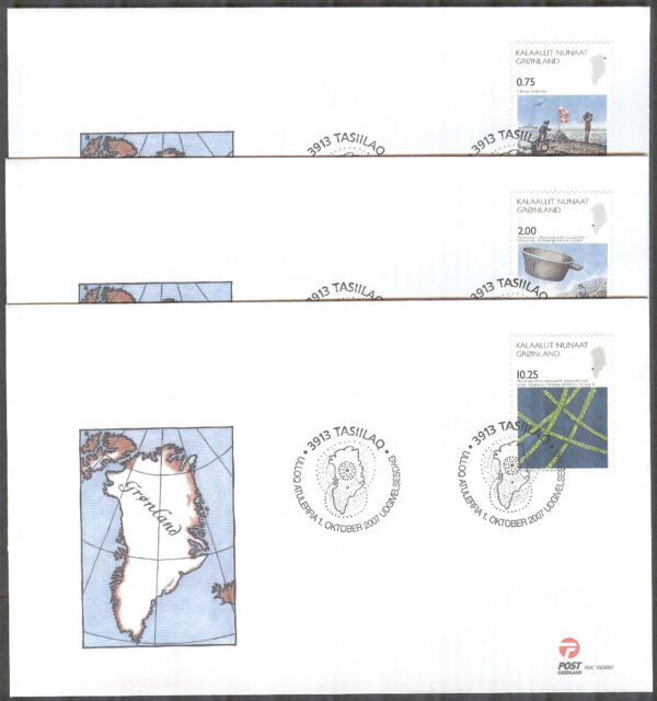 Grönland - FDC 2007-10-01 - Vetenskap II bla Earliest life on eart, 3 kpl Vinjett 1