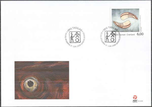 Grönland - FDC 2009-06-21 - Samtida Konst III bla Fisk, 3 kpl Vinjett 1