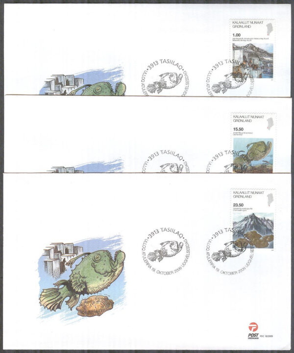 Grönland - FDC 2009-10-19 - Vetenskap V bla Guldgruva, 3 kpl Vinjett 1