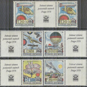 Tjeckoslovakien – M 2396-2400 + Zf Internat Utställ Praga 1978 – Flyg, 5 st 3-strip  kpl **