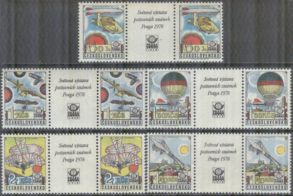 Tjeckoslovakien - M 2396-2400 + Zf Internat Utställ Praga 1978 - Flyg, 5 st 3-strip  kpl **