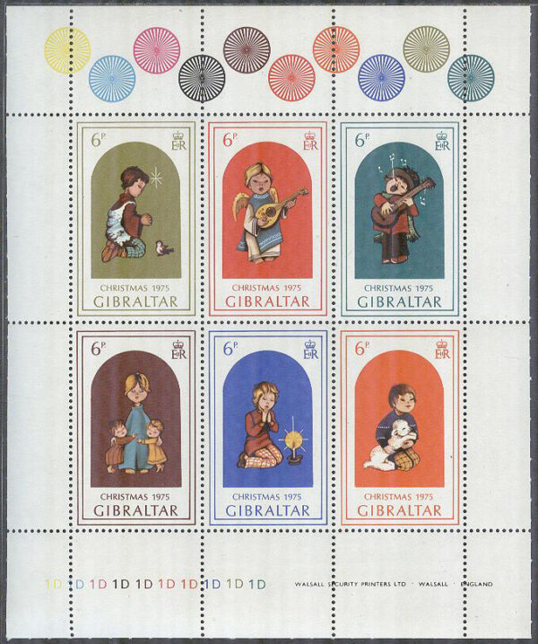 Gibraltar - M  328-333 Jul 1975 - Barn, Miniark kpl Tryckplatta nummer 1 D **