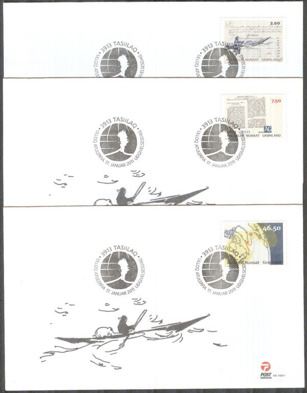 Grönland - FDC 2011-01-17 - Kommunikation på Grönland bla Kajakpost, 3 kpl Vinjett 1