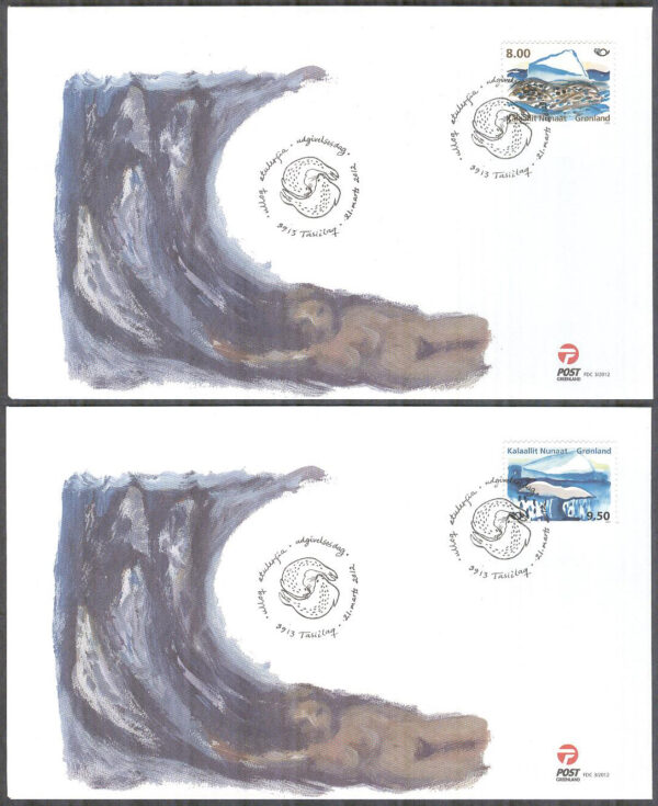 Grönland - FDC 2012-03-21 - Livet vid kusten - Isberg & Valstjärt, 2 kpl Vinjett 1
