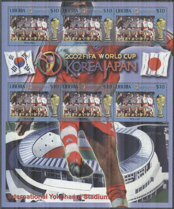 Liberia - M 4592 VM i Fotboll i Sydkorea & Japan 2002 - Polen, Miniark kpl **