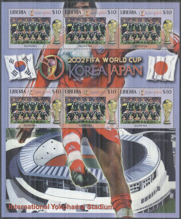 Liberia - M 4598 VM i Fotboll i Sydkorea & Japan 2002 - Slovenien, Miniark kpl **