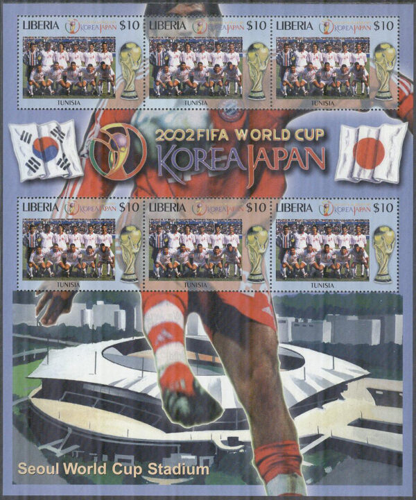 Liberia - M 4602 VM i Fotboll i Sydkorea & Japan 2002 - Tunisien, Miniark kpl **