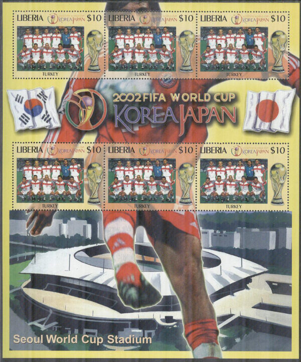 Liberia - M 4603 VM i Fotboll i Sydkorea & Japan 2002 - Turkiet, Miniark kpl **