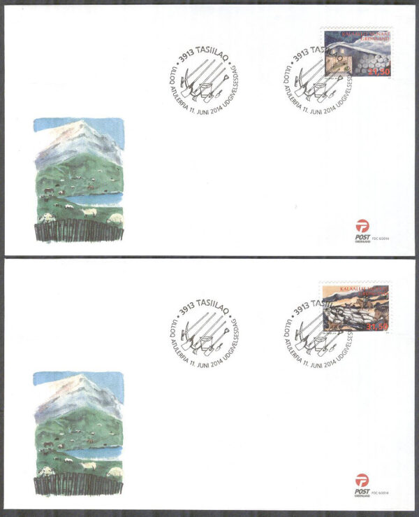Grönland - FDC 2014-06-11 - Lantbruk III bla Fårvallning, 2 kpl Vinjett 1