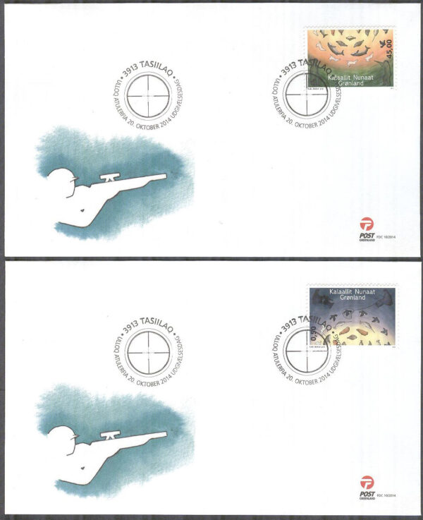 Grönland - FDC 2014-10-20 - Jägarliv bla Däggdjur & Havsdjur, 2 kpl Vinjett 1