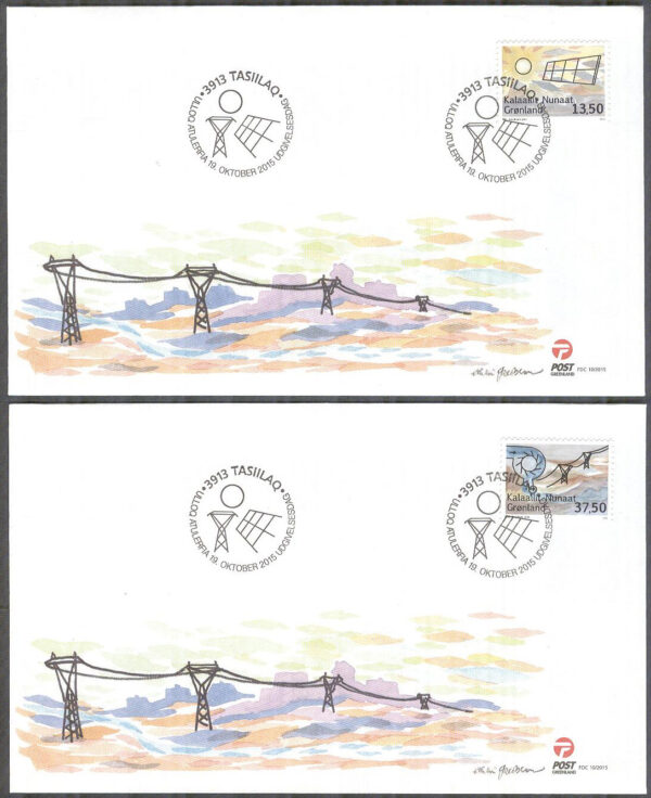 Grönland - FDC 2015-10-19 - Förnyelsebar energi I bla Solkraft, 2 kpl Vinjett 1