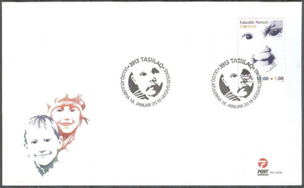 Grönland - FDC 2016-01-18 - Barns rättigheter - Barnansikte, 1 kpl Vinjett 1