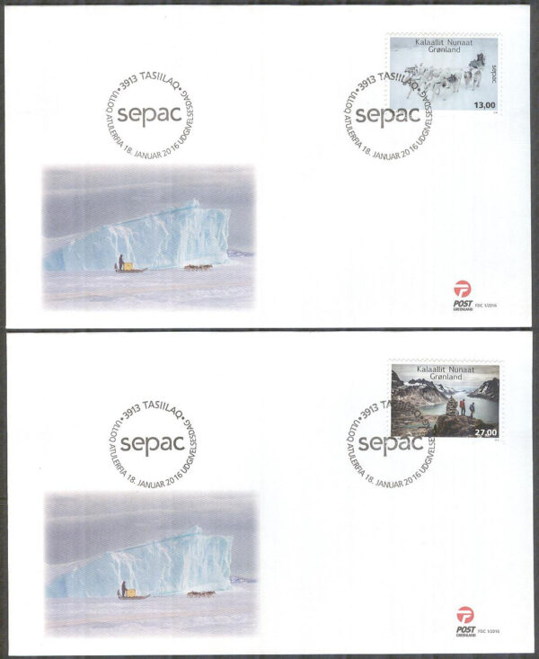 Grönland - FDC 2016-01-18 - SEPAC 2016 - Årstider bla Hudspann, 2 kpl Vinjett 1