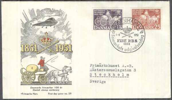 Danmark - FDC 1951-04-01 - Frimärksjubileet - Hästar med vagn, 2 kpl Vinjett 1 Adressat