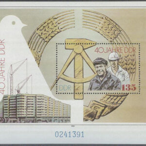 DDR – M BL 100 DDR 40 år – Statsvapen & Fredsduva, Block **