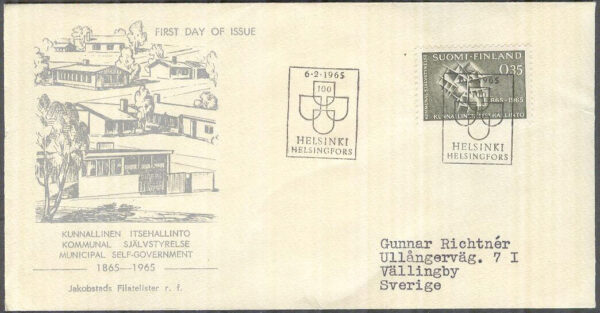 Finland - FDC 1965-02-06 - Kommunal självstyrelse 100 år, 1 kpl Vinjett 2 Adressat