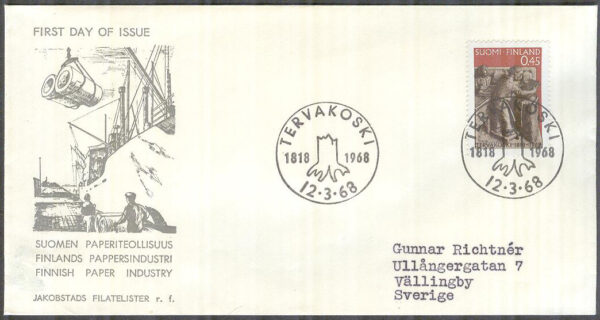 Finland - FDC 1968-03-12 - Pappersindustrin, 1 kpl Vinjett 2 Adressat