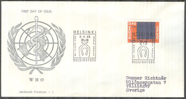 Finland - FDC 1968-04-06 - WHO 20 år, 1 kpl Vinjett 2 Adressat