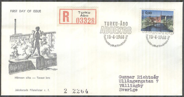 Finland - FDC 1968-04-15 - Tavastbron i Tammerfors, 1 kpl Vinjett 3 REK + Adressat