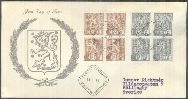 Finland - FDC 1968-05-13 - Lejontyp m/63 Bruksser III, 2 st 4-Block Vinjett 11 Adressat