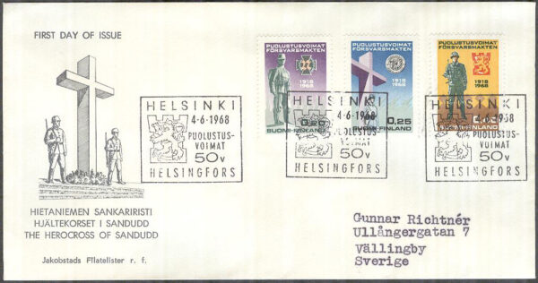 Finland - FDC 1968-06-04 - Försvarsmakten 50 år, 3 kpl Vinjett 4 Adressat