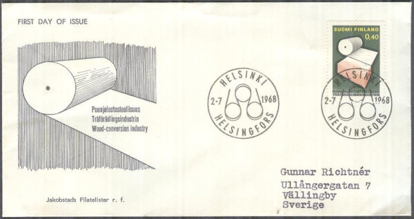 Finland - FDC 1968-07-02 - Träförädlingsindustrin, 1 kpl Vinjett 2 Adressat