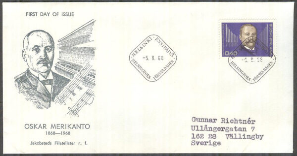 Finland - FDC 1968-08-05 - Oskar Merikanto, 1 kpl Vinjett 2 Adressat