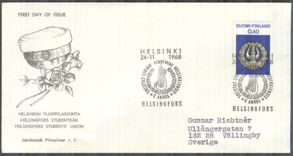 Finland - FDC 1968-11-24 - Studentkårerna, 1 kpl Vinjett 3 Adressat