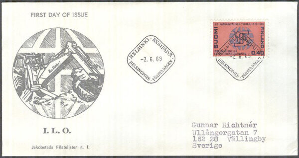Finland - FDC 1969-06-02 - ILO 50 år, 1 kpl Vinjett 3 Adressat