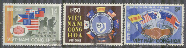 Sydvietnam - M  404-406 Vänskap med befriande nationer bla flaggor, 3 olika stpl